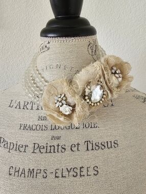 Lenora Dame Mixed Media Statement Necklace Frosted Beads & Linen Rosettes